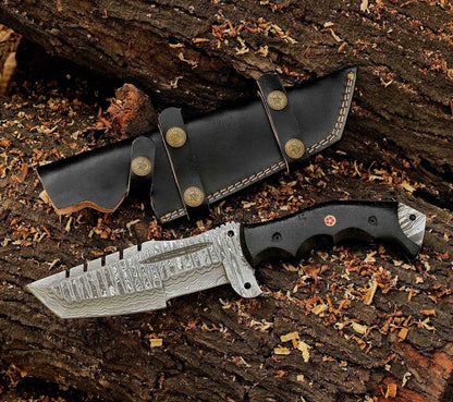 Damascus Tracker Knife - Premium Personalized Damascus Steel Hunting Knife Full Tang Black Pakka Wood Handle Leather