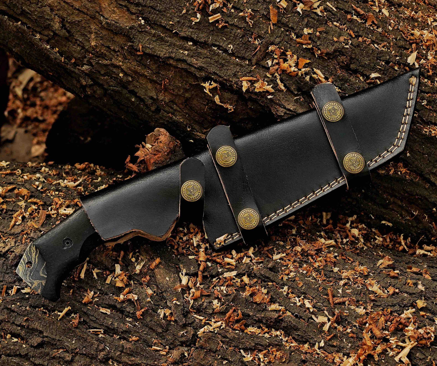 Damascus Tracker Knife  Premium Personalized Damascus Steel Hunting Knife Full Tang Black Pakka Wood Handle Leather 3