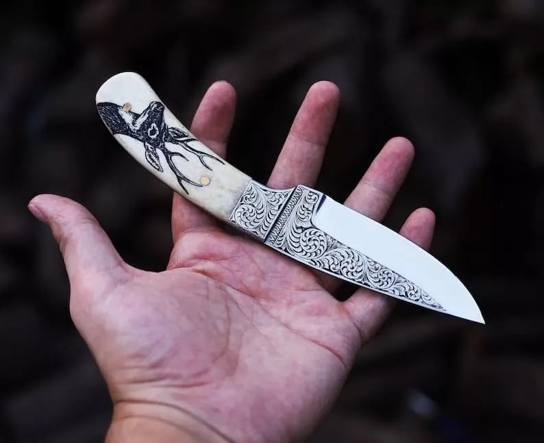 Hand Engraved Knife Premium D2 Steel Hunting Knife Unique Gift 2