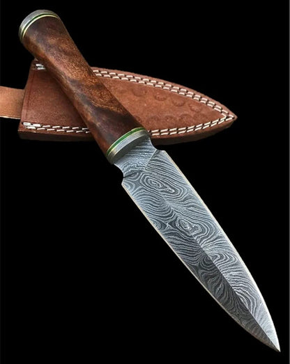 Custom Handmade Damascus Steel Hunting Dagger With Leather