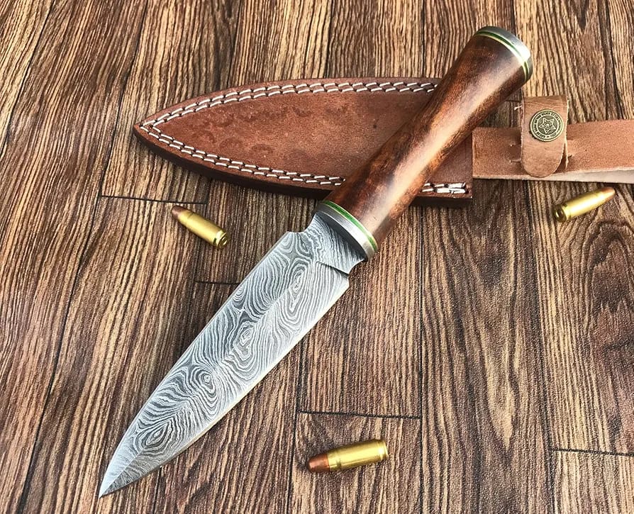 Custom Handmade Damascus Steel Hunting Dagger With Leather 1