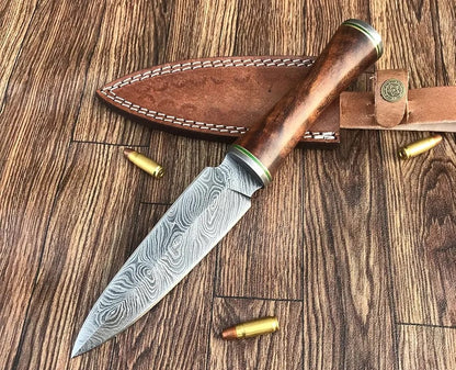 Custom Handmade Damascus Steel Hunting Dagger With Leather 1