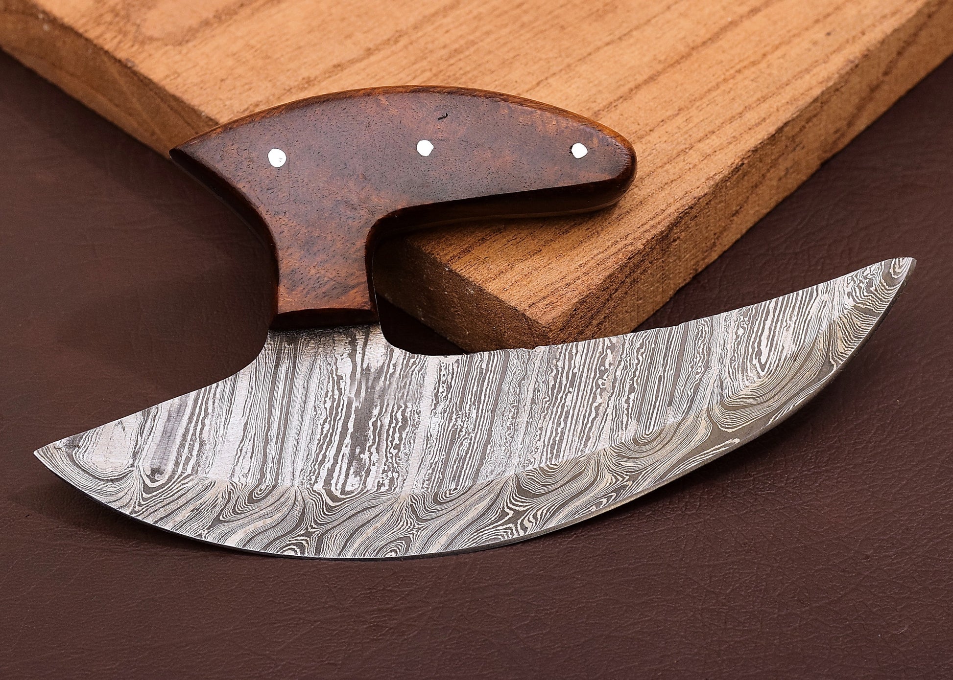 Damascus Chef Kitchen Ulu Knife Celtic Knot Handle Handmade Newly Designed Pizza Cutter Wooden Hand 2