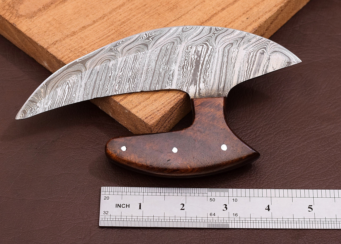 Damascus Chef Kitchen Ulu Knife Celtic Knot Handle Handmade Newly Designed Pizza Cutter Wooden Hand 4
