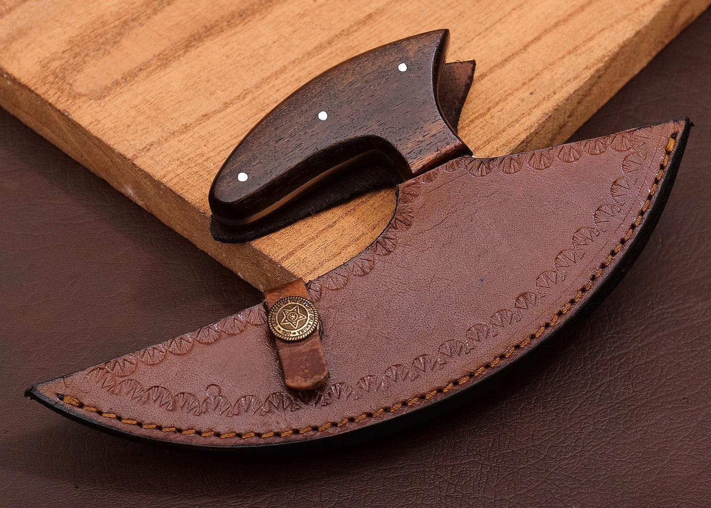 Damascus Chef Kitchen Ulu Knife Celtic Knot Handle Handmade Newly Designed Pizza Cutter Wooden Hand 6