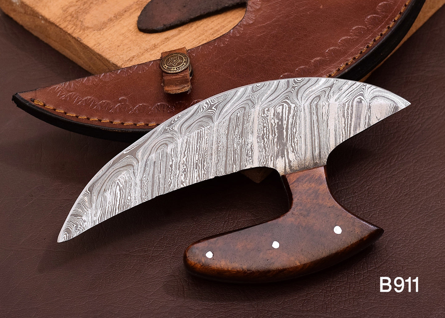 Damascus Chef Kitchen Ulu Knife Celtic Knot Handle Handmade Newly Designed Pizza Cutter Wooden Hand 1