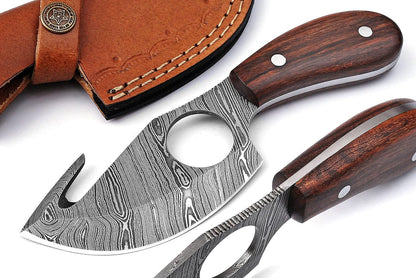 Bushcraft Handmade Damascus Steel Fixed Blade Skinning Hunting Knife With Gut Hook Best For Outdoor Camping