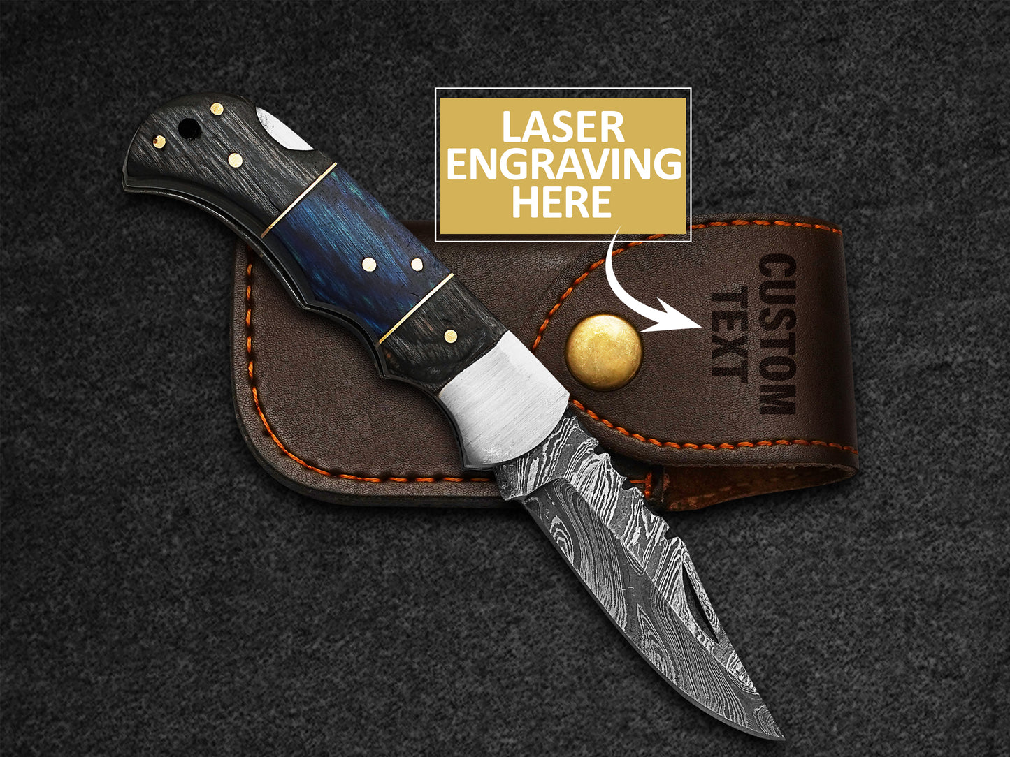Custom Handmade Folding Knife Damascus Steel Pocket Knife With Leather Sheath 5