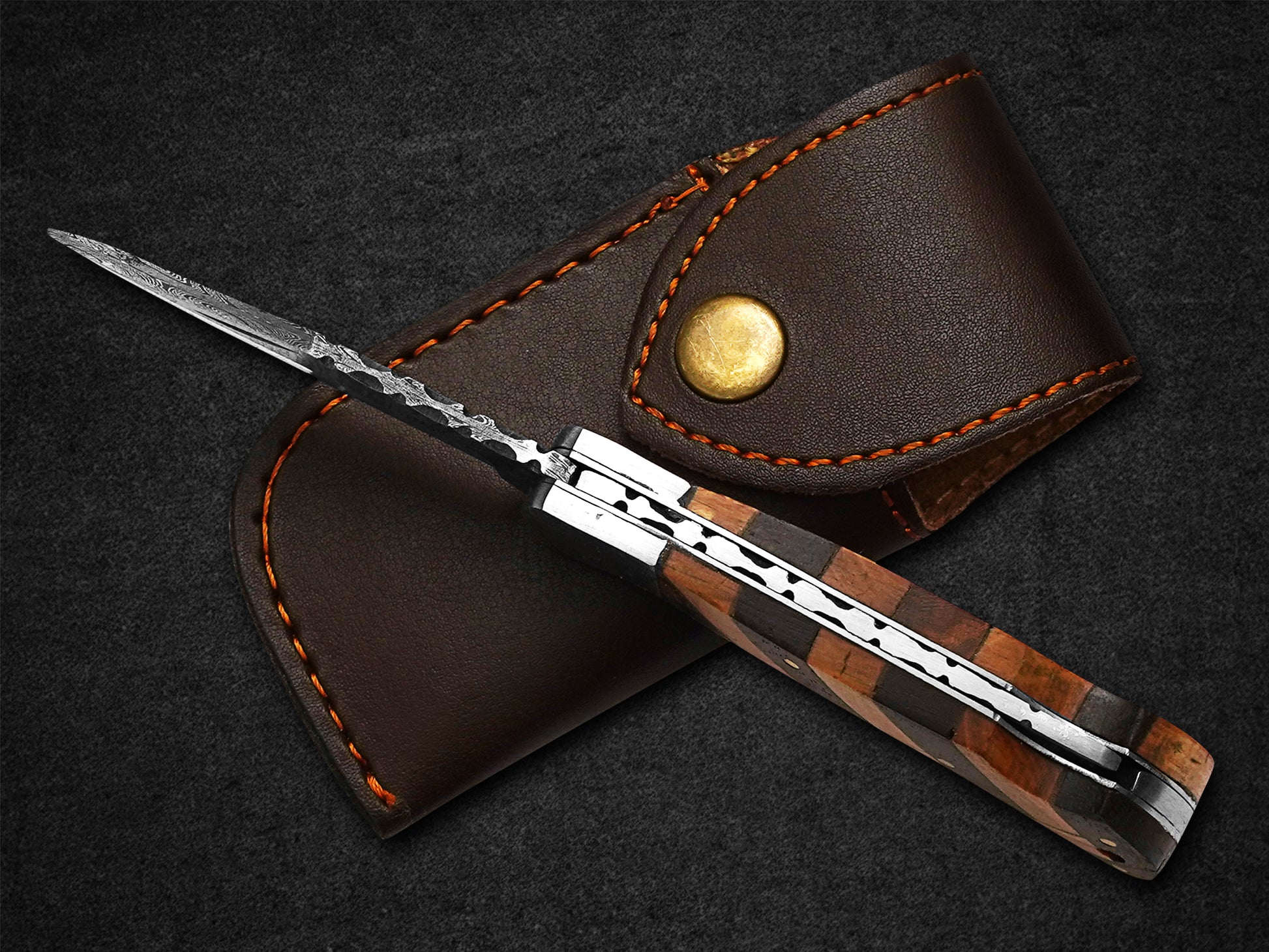 Custom Handmade Pocket Knife Damascus Steel Folding Knife With Leather Sheath 2