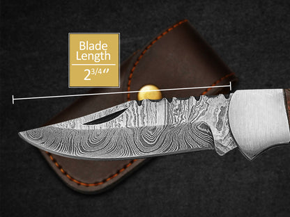 Custom Handmade Pocket Knife Damascus Steel Folding Knife With Leather Sheath 3