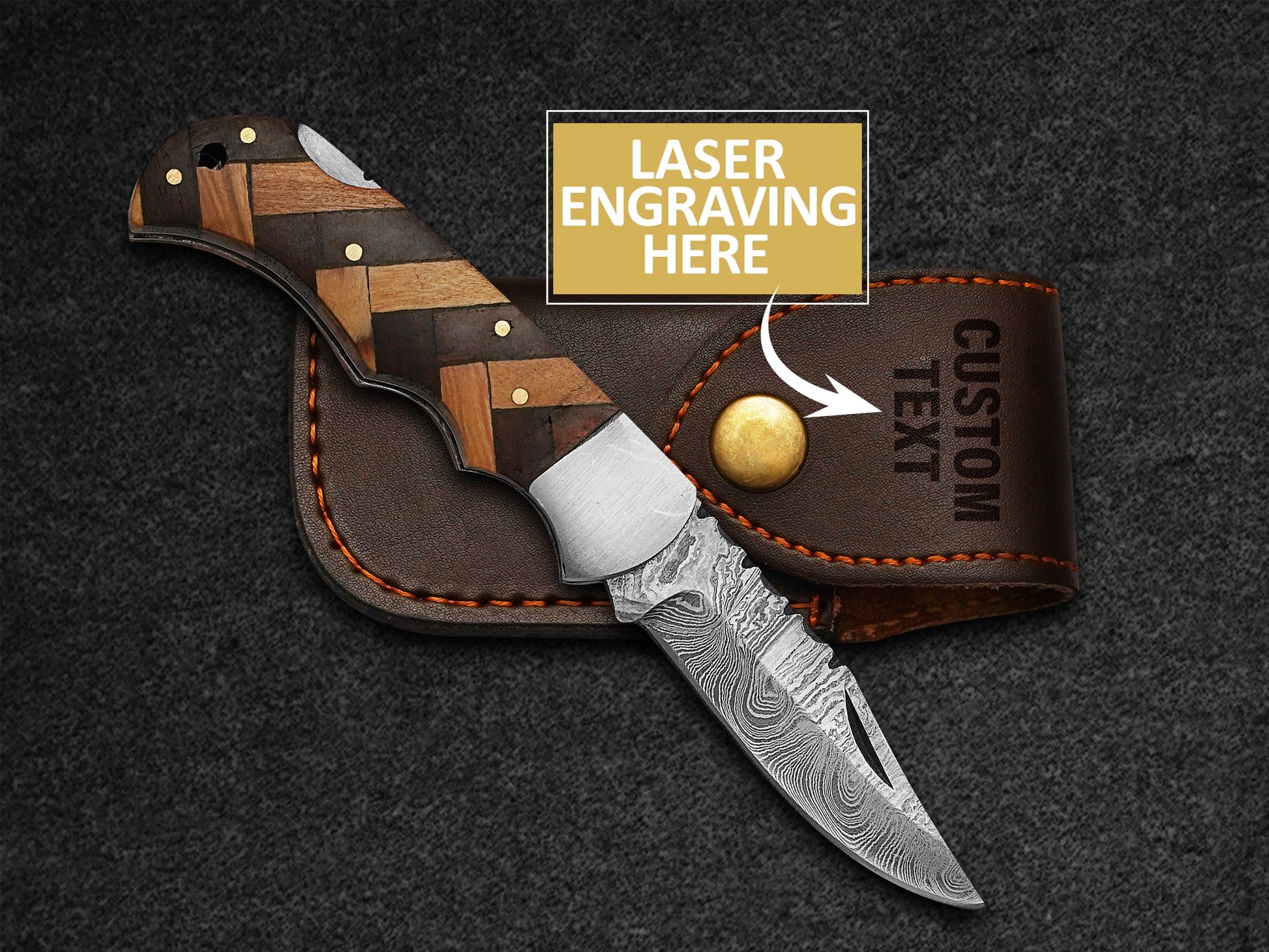 Custom Handmade Pocket Knife Damascus Steel Folding Knife With Leather Sheath 5