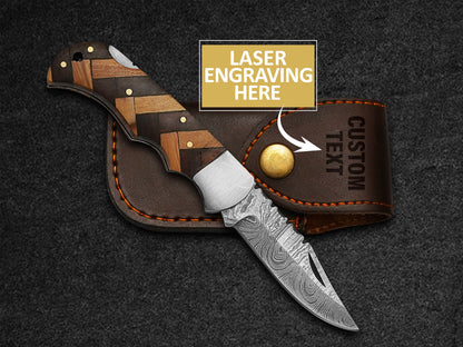 Custom Handmade Pocket Knife Damascus Steel Folding Knife With Leather Sheath 5