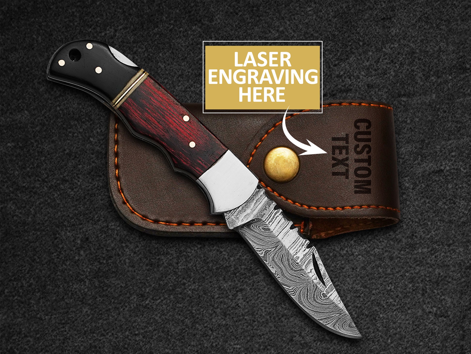 Custom Handmade Folding Knife Damascus Steel Blade Pocket Knife With Leather Sheath 5