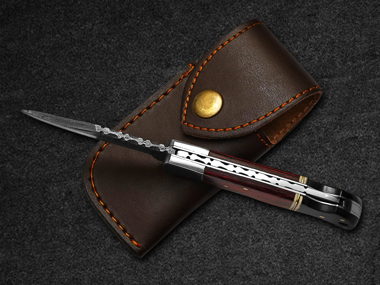 Custom Handmade Folding Knife Damascus Steel Blade Pocket Knife With Leather Sheath 6