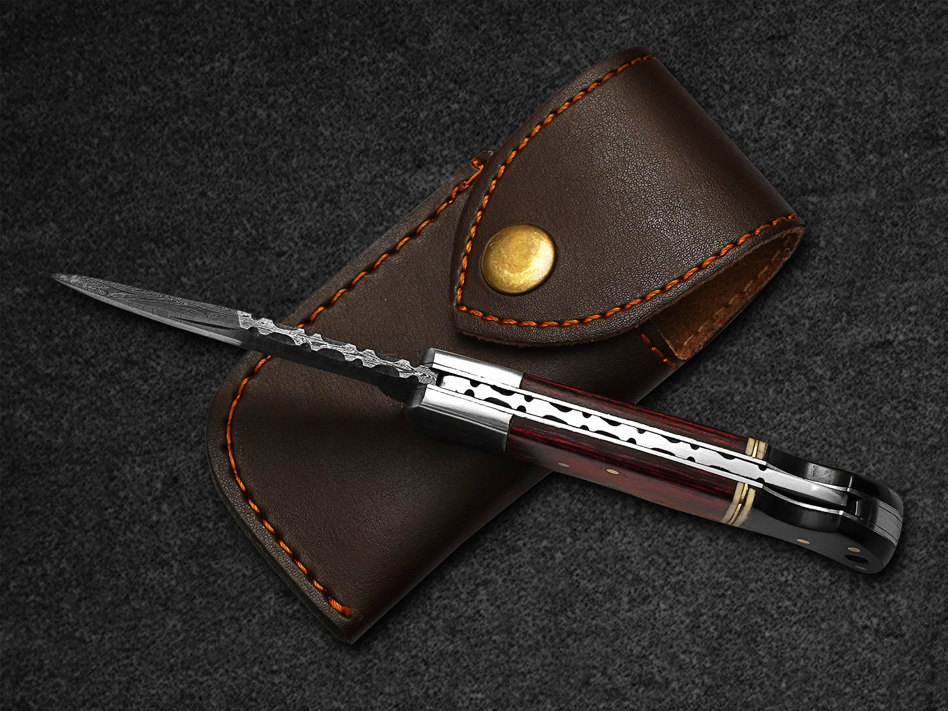 Custom Handmade Folding Knife Damascus Steel Blade Pocket Knife With Leather Sheath 6