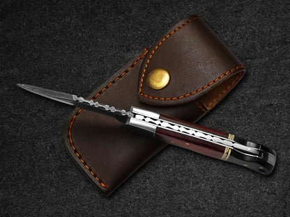 Custom Handmade Folding Knife Damascus Steel Blade Pocket Knife With Leather Sheath 6