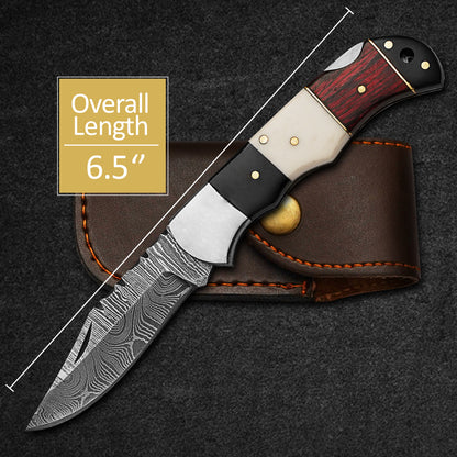Custom Handmade Folding Knife Damascus Steel Lade Pocket Knife With Leather Sheath 3