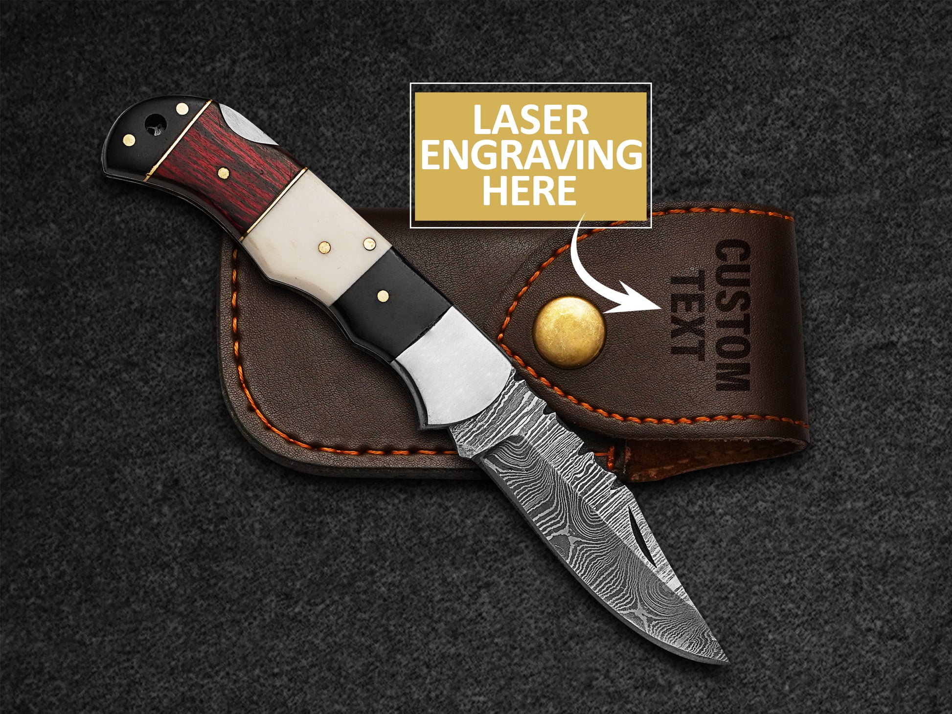 Custom Handmade Folding Knife Damascus Steel Lade Pocket Knife With Leather Sheath 4