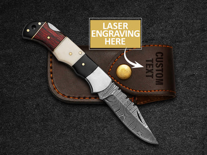 Custom Handmade Folding Knife Damascus Steel Lade Pocket Knife With Leather Sheath 4