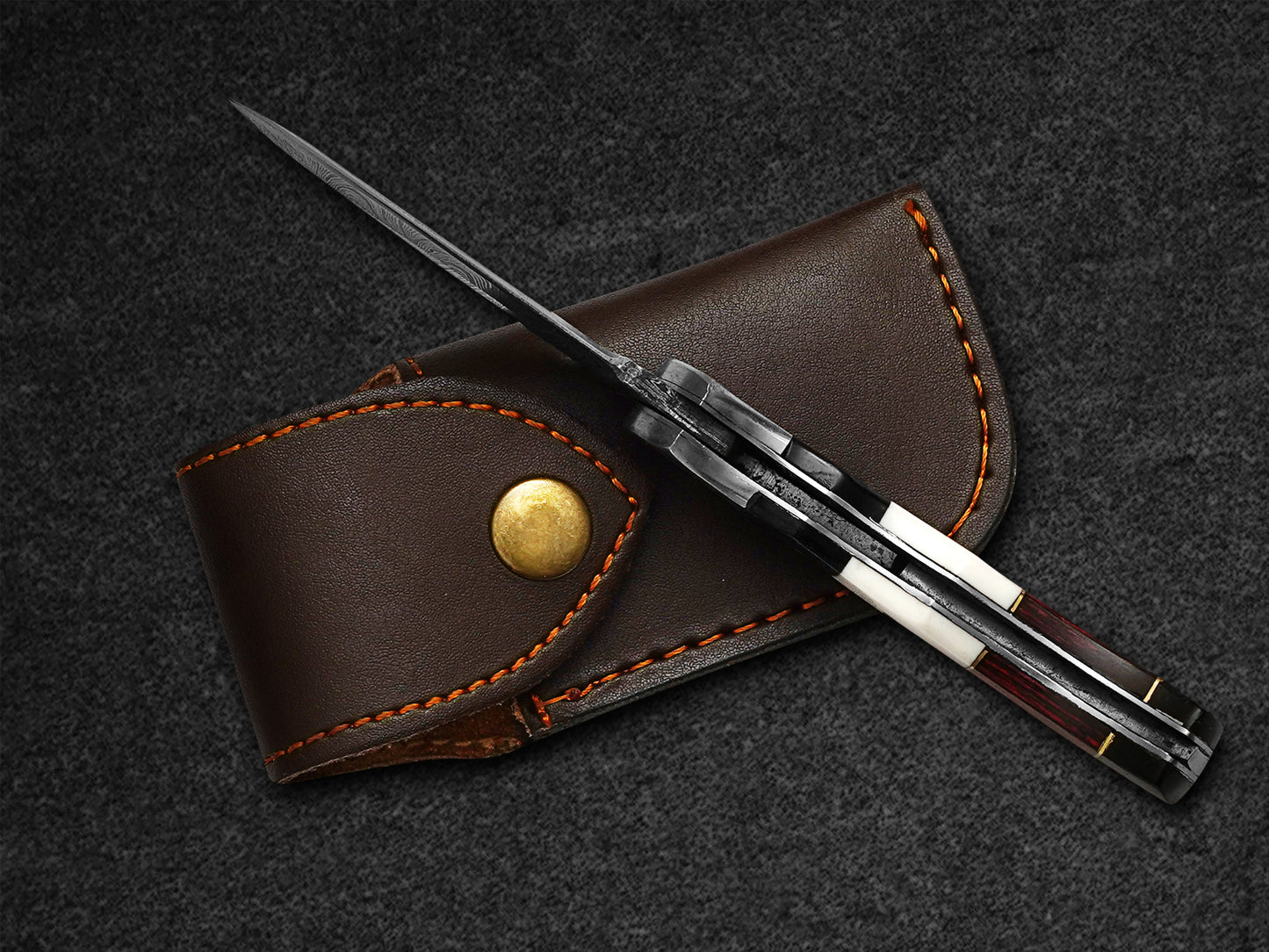Custom Handmade Folding Knife Damascus Steel Lade Pocket Knife With Leather Sheath 5