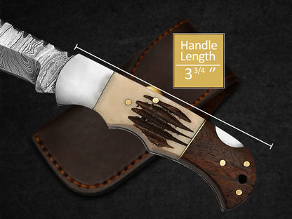 Groomsmen Knife Handmade Pocket Knife Damascus Folding Knife Stag Horn And Camel Bone Handle Grooms