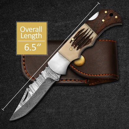 Groomsmen Knife Handmade Pocket Knife Damascus Folding Knife Stag Horn And Camel Bone Handle Grooms