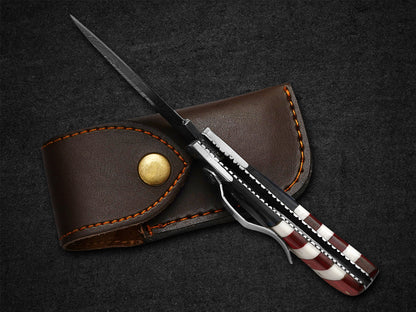 Custom Pocket Knife Handmade Damascus Folding Knives USA Texas Flag Handle pocket knives with leather sheath,