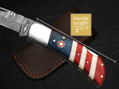 Custom Pocket Knife Handmade Damascus Folding Knives USA Texas Flag Handle Pocket Knives With Leath