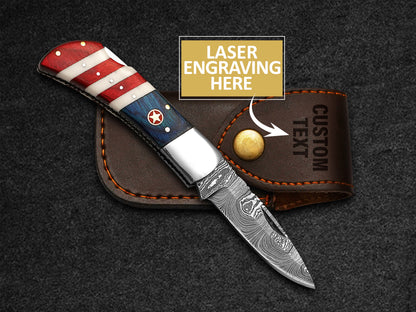 Custom Pocket Knife Handmade Damascus Folding Knives USA Texas Flag Handle Pocket Knives With Leath