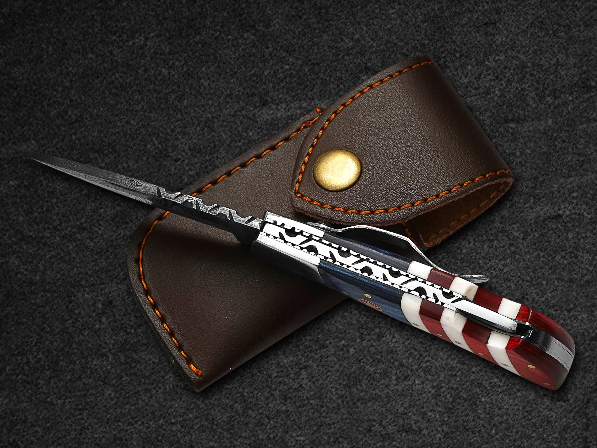 Custom Pocket Knife Handmade Damascus Folding Knives USA Texas Flag Handle Pocket Knives With Leath