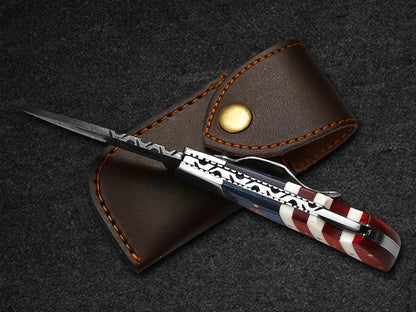 Custom Pocket Knife Handmade Damascus Folding Knives USA Texas Flag Handle Pocket Knives With Leath