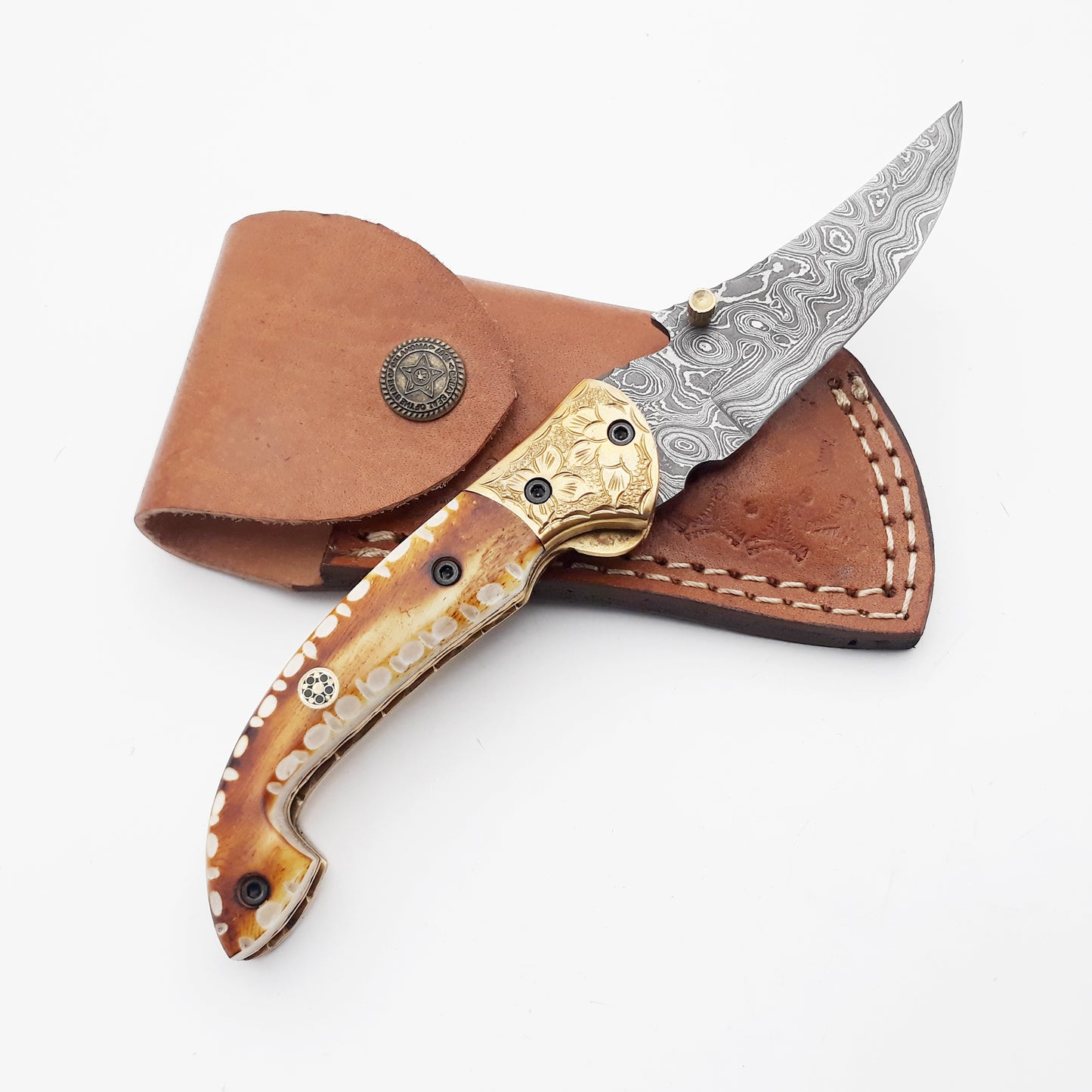 Handmade Damascus Folding Knife Pocket Knife With Leather Sheath Bushcraft Knife For Hunting Outdoo 1