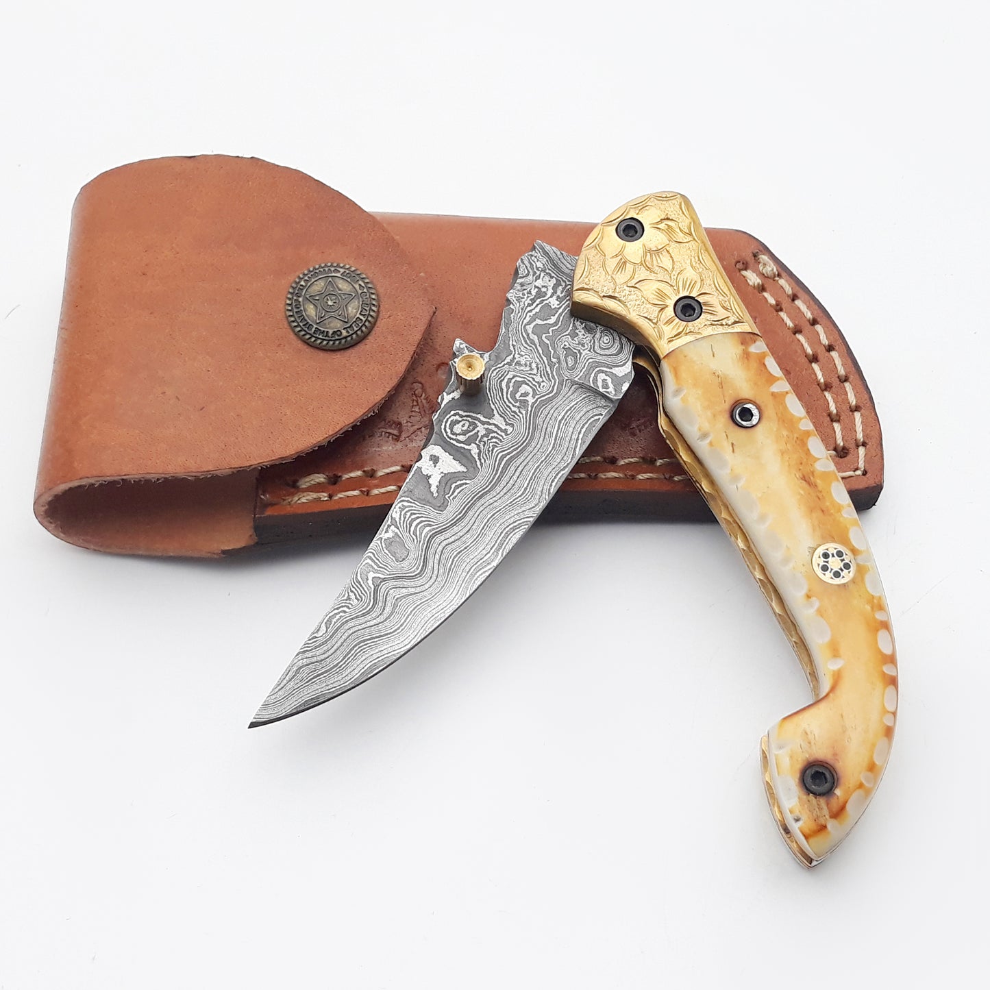 Handmade Damascus Folding Knife Pocket Knife With Leather Sheath Bushcraft Knife For Hunting Outdoo 4