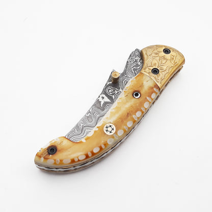 Handmade Damascus Folding Knife Pocket Knife With Leather Sheath Bushcraft Knife For Hunting Outdoo 5