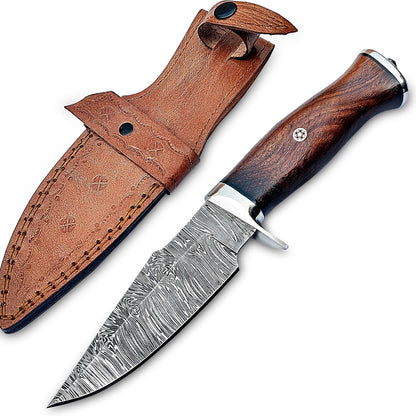 Damascus Hunting Knife Fixed Blade - 10 Inches Handmade Knife with Leather Sheath and Wood Handle - Perfect Camping Tool