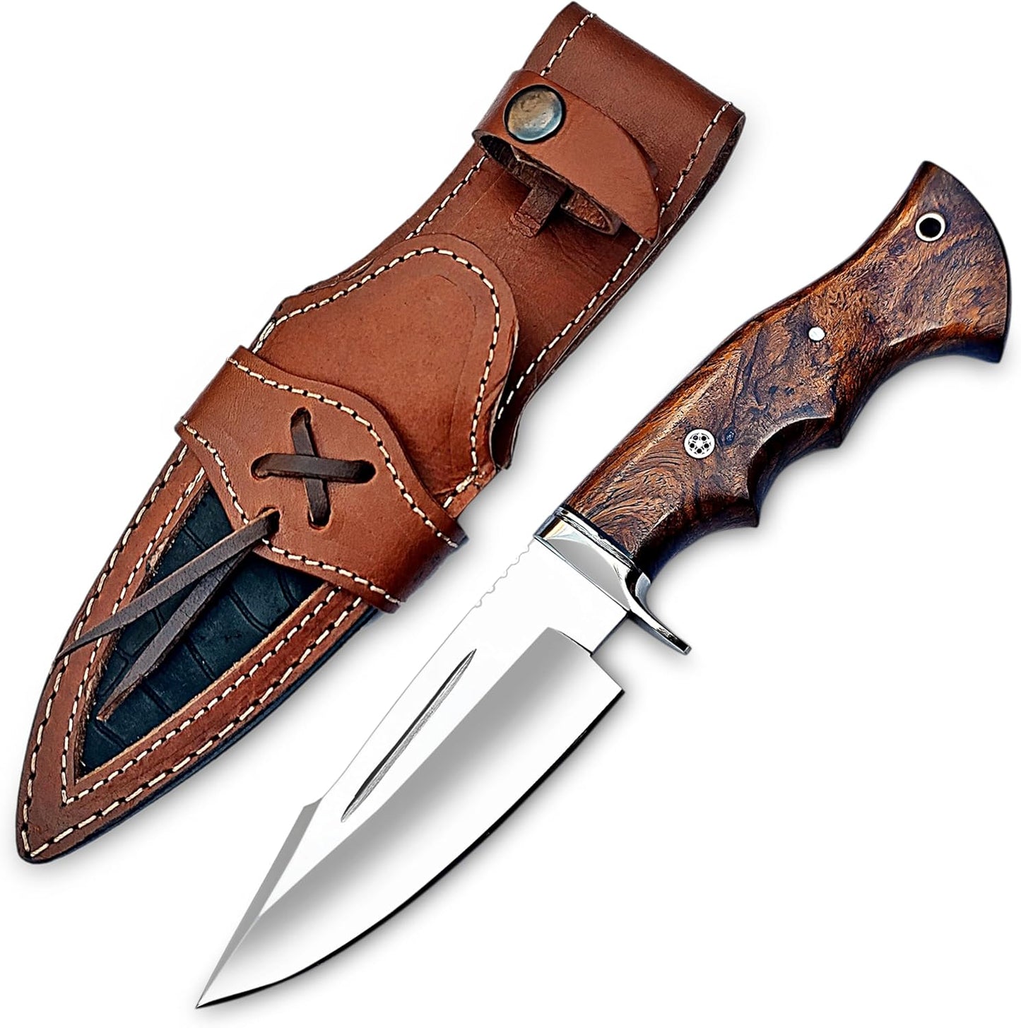 Handmade D2 Steel Hunting Knife - Bushcraft Fixed Blade Knife with Sheath and Horizontal Carry Wood Handle
