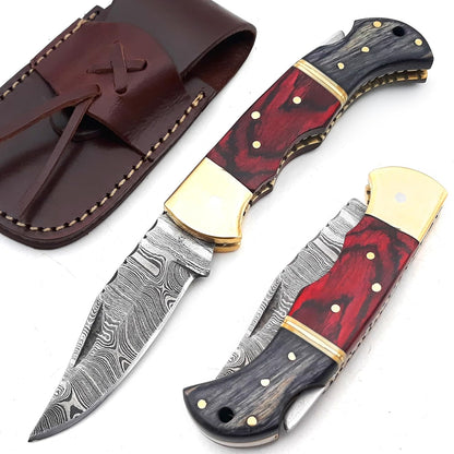 Damascus Pocket Folding Knife with Sheath - Lockback Lightweight Multi-Tool for Camping, Outdoor, Hunting, Survival, EDC