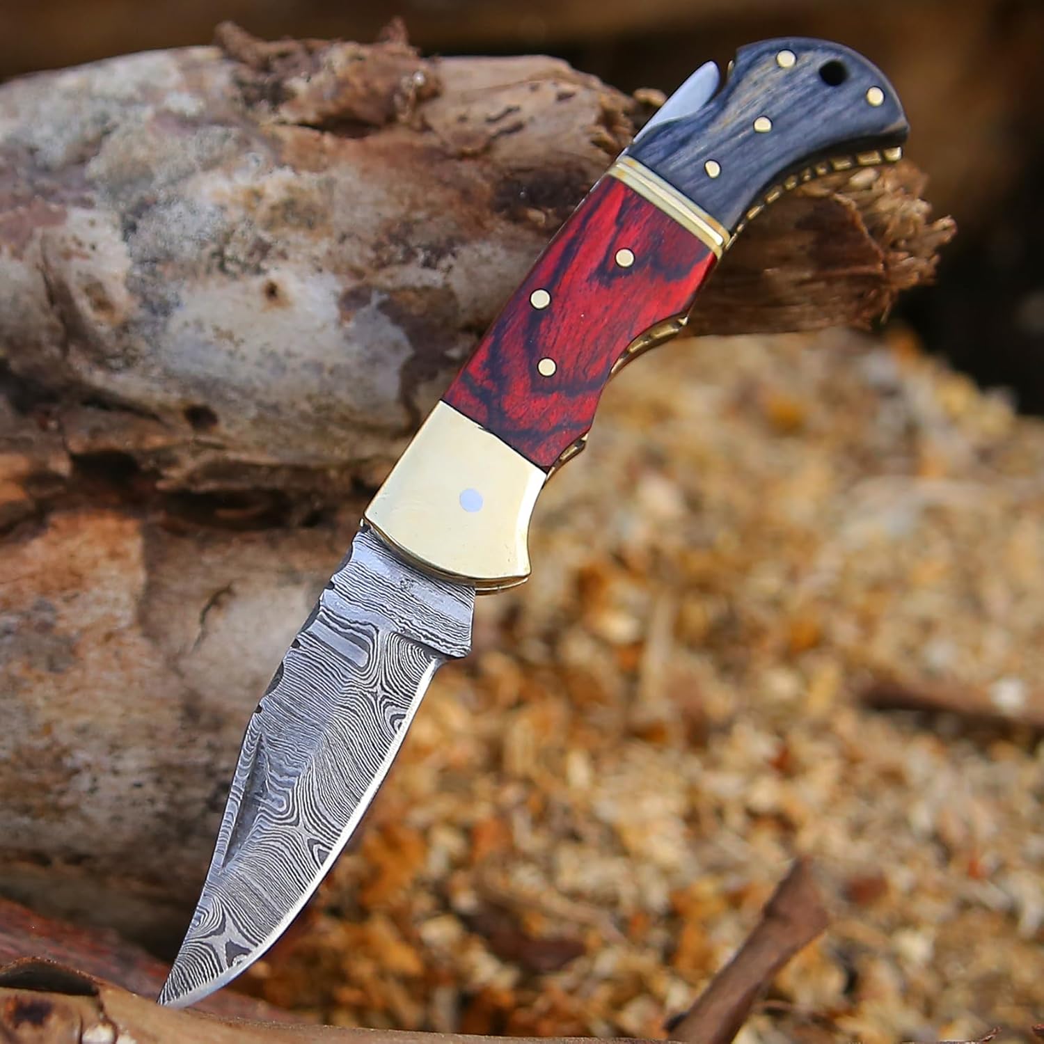 Damascus Pocket Folding Knife With Sheath  Lockback Lightweight MultiTool For Camping Outdoor Hunti 1