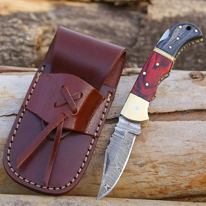 Damascus Pocket Folding Knife With Sheath  Lockback Lightweight MultiTool For Camping Outdoor Hunti 5