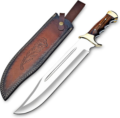 D2 Steel 18 Inches Large Bowie Knife Full Tang Fixed Blade Rosewood Handle Hunting Knife with Leather Sheath