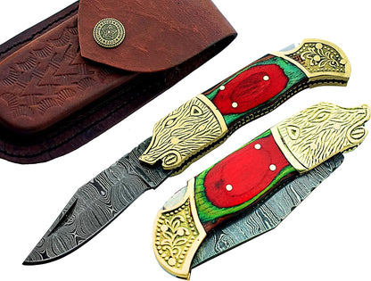 Damascus Steel Pocket knife Hand made folding Knife outdoor pocket knife for Camping Hiking Back Lock with Sheath
