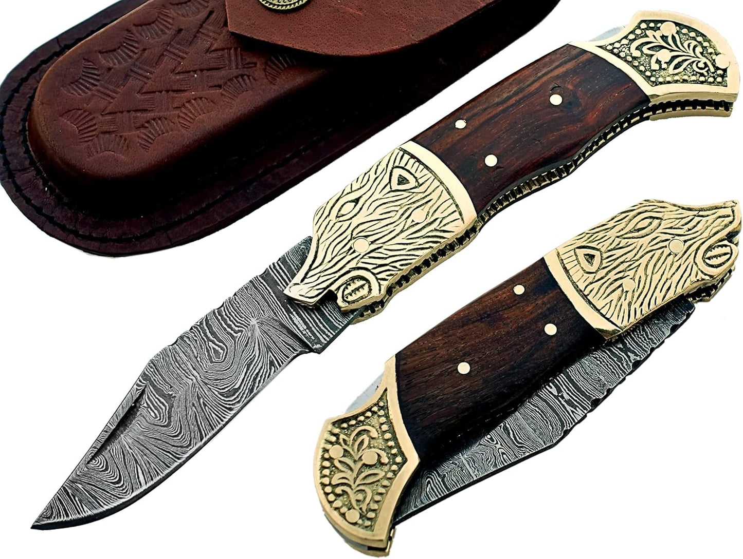Damascus Steel Folding Pocket knife Small Pocket Knife for Outdoor for Camping Hiking Back Lock with Sheath