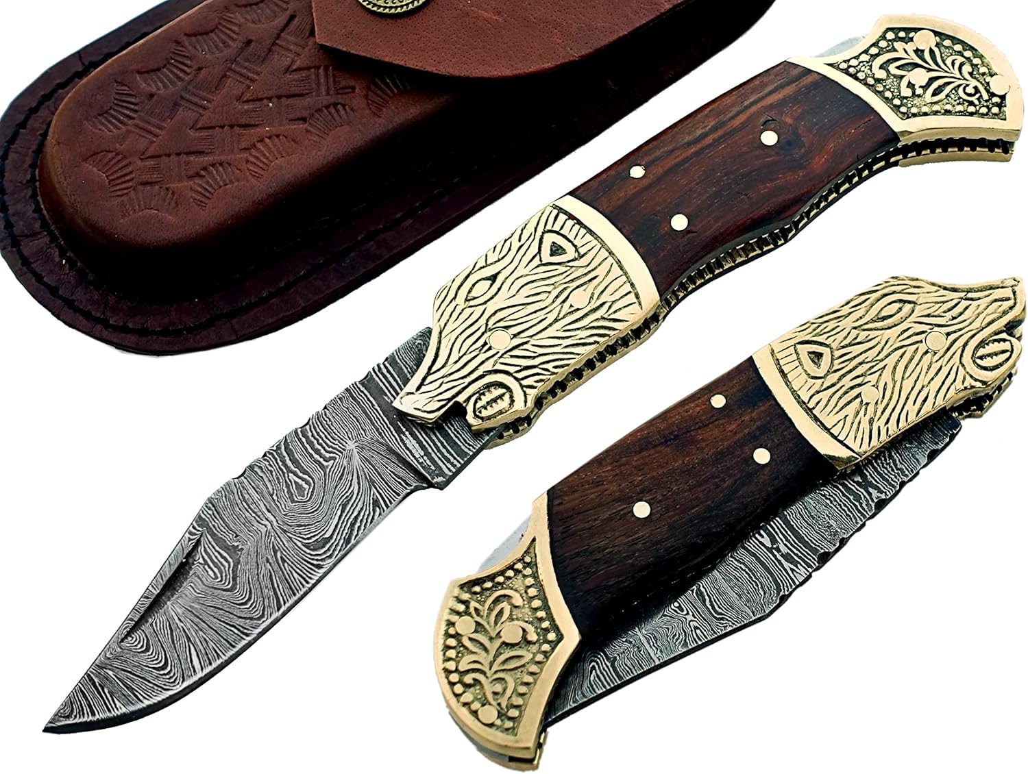 Damascus Steel Folding Pocket knife Small Pocket Knife for Outdoor for Camping Hiking Back Lock with Sheath