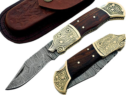 Damascus Steel Folding Pocket knife Small Pocket Knife for Outdoor for Camping Hiking Back Lock with Sheath