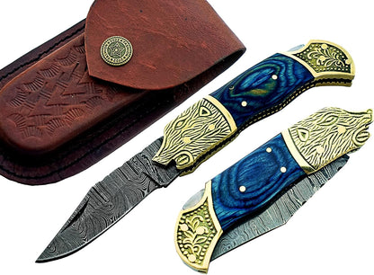 Damascus Steel Folding Pocket knife Blue Small Pocket Knife for Outdoor for Camping Hiking Back Lock with Sheath