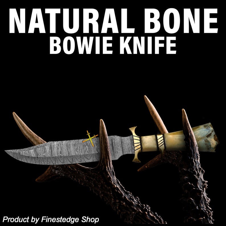 14 Damascus Steel Bowie Knife With Camel Bone And Brass Handle  Trailing Point Blade  Hunting Knife 1