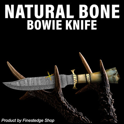 14 Damascus Steel Bowie Knife With Camel Bone And Brass Handle  Trailing Point Blade  Hunting Knife 1