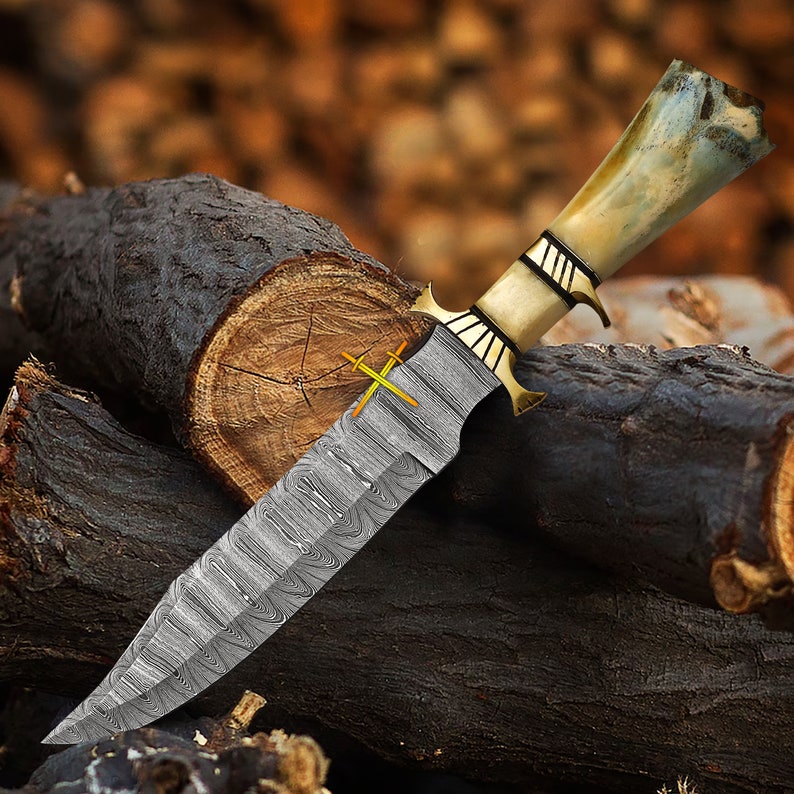 14 Damascus Steel Bowie Knife With Camel Bone And Brass Handle  Trailing Point Blade  Hunting Knife 2