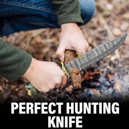 14 Damascus Steel Bowie Knife With Camel Bone And Brass Handle  Trailing Point Blade  Hunting Knife 3