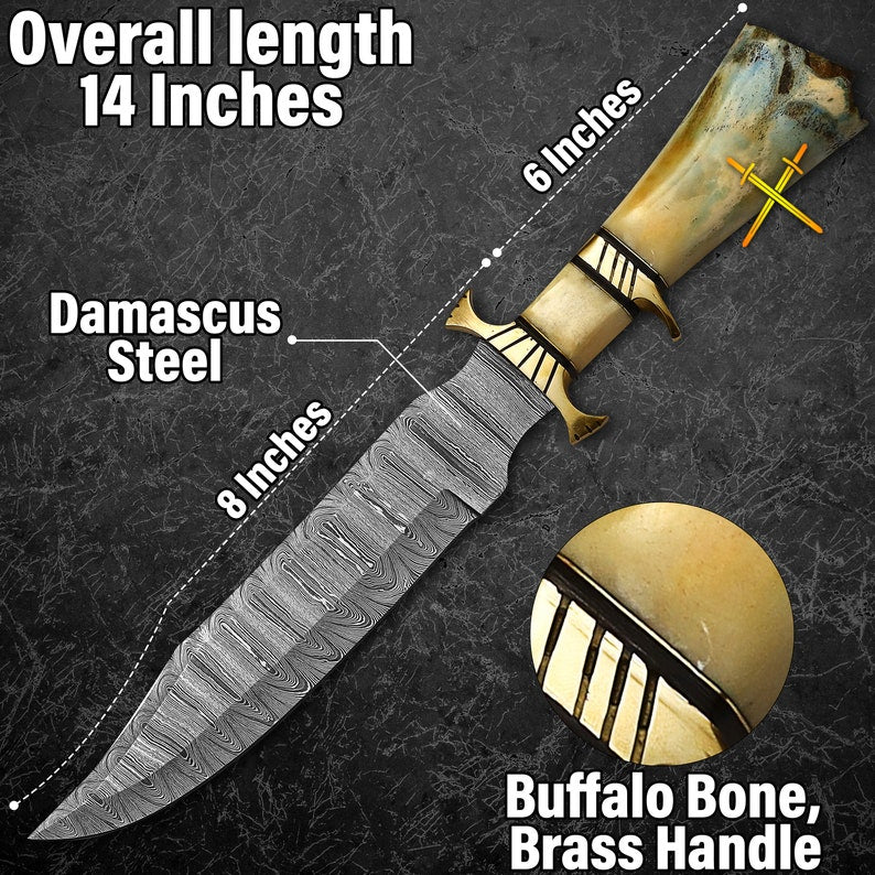 14 Damascus Steel Bowie Knife With Camel Bone And Brass Handle  Trailing Point Blade  Hunting Knife 4